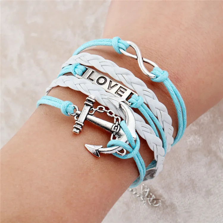 Vintage Braided Anchors bracelet best friends Leather Bracelet men jewelry heart charm Bracelets for women