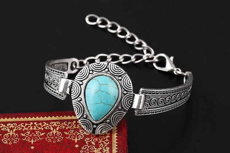 Vintage Carved Boho Statement Bracelet Genuine Heart Turquoise Chain Charm Wristband Bracelets pulsera brazalete Accessory