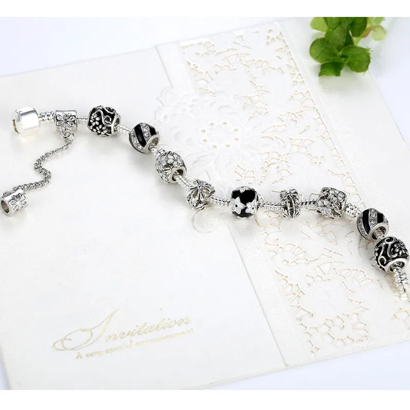 Vintage Fashion Silver Bracelet Murano Glass & Crystal Enamel Charm Beads European Style Bracelets Best Gift