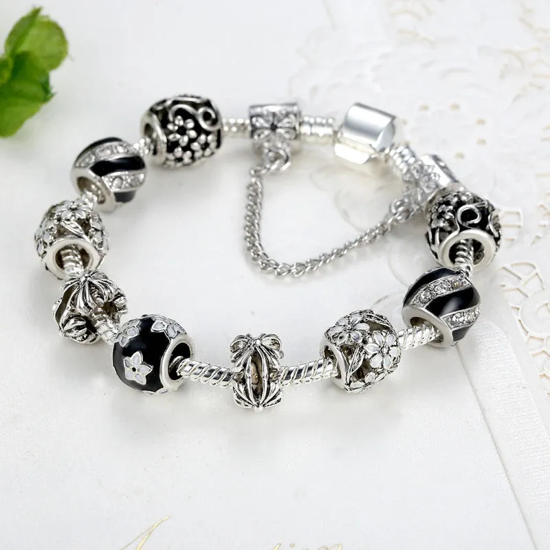 Vintage Fashion Silver Bracelet Murano Glass & Crystal Enamel Charm Beads European Style Bracelets Best Gift