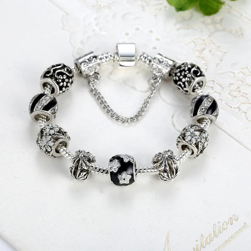 Vintage Fashion Silver Bracelet Murano Glass & Crystal Enamel Charm Beads European Style Bracelets Best Gift