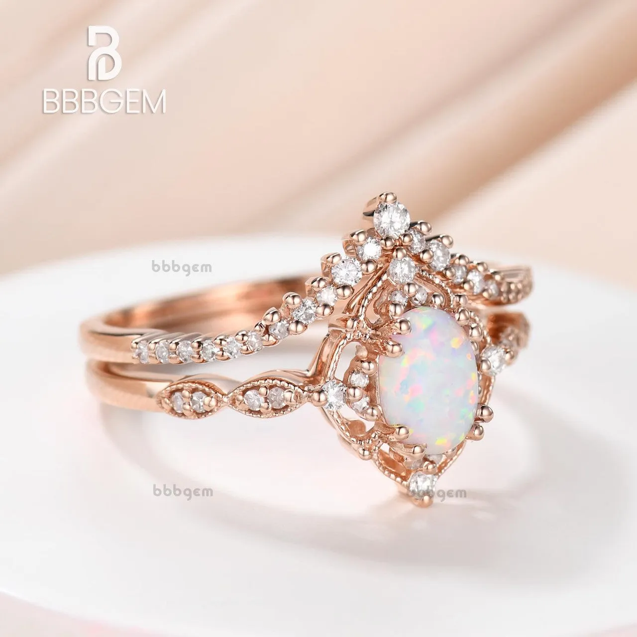 Vintage Opal Bridal Ring Set Art Deco Oval Opal Engagement Ring Set Rose Gold Diamond Wedding Ring Set Anniversary Ring Gift