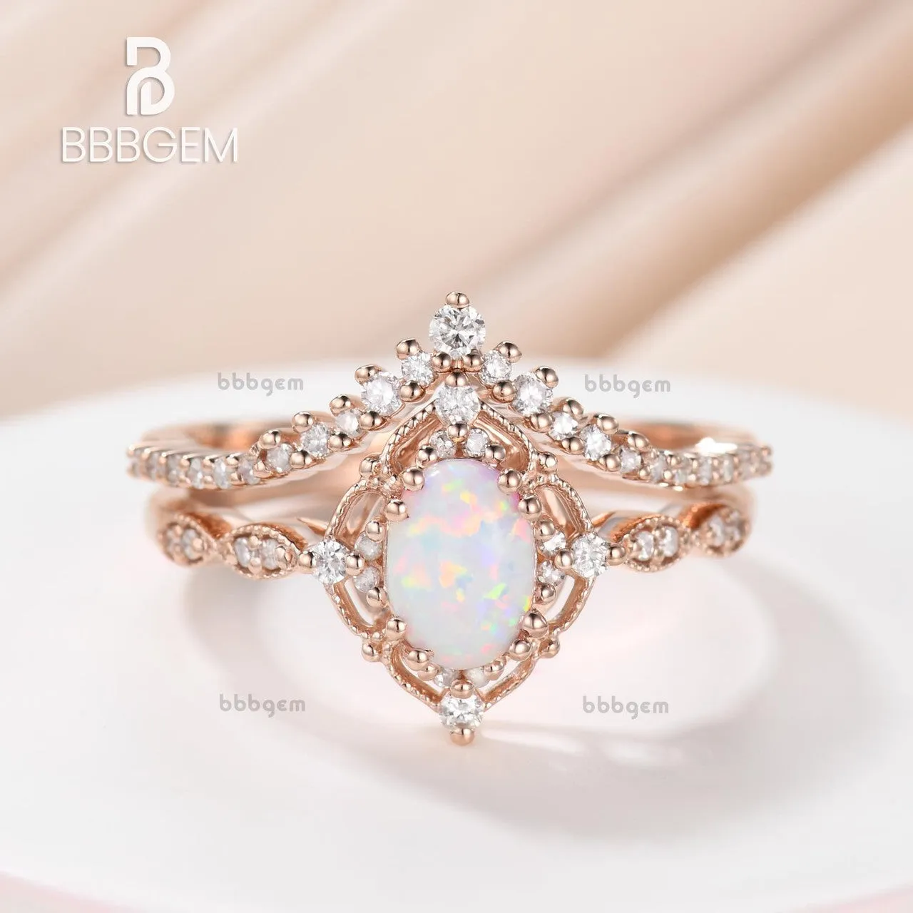 Vintage Opal Bridal Ring Set Art Deco Oval Opal Engagement Ring Set Rose Gold Diamond Wedding Ring Set Anniversary Ring Gift