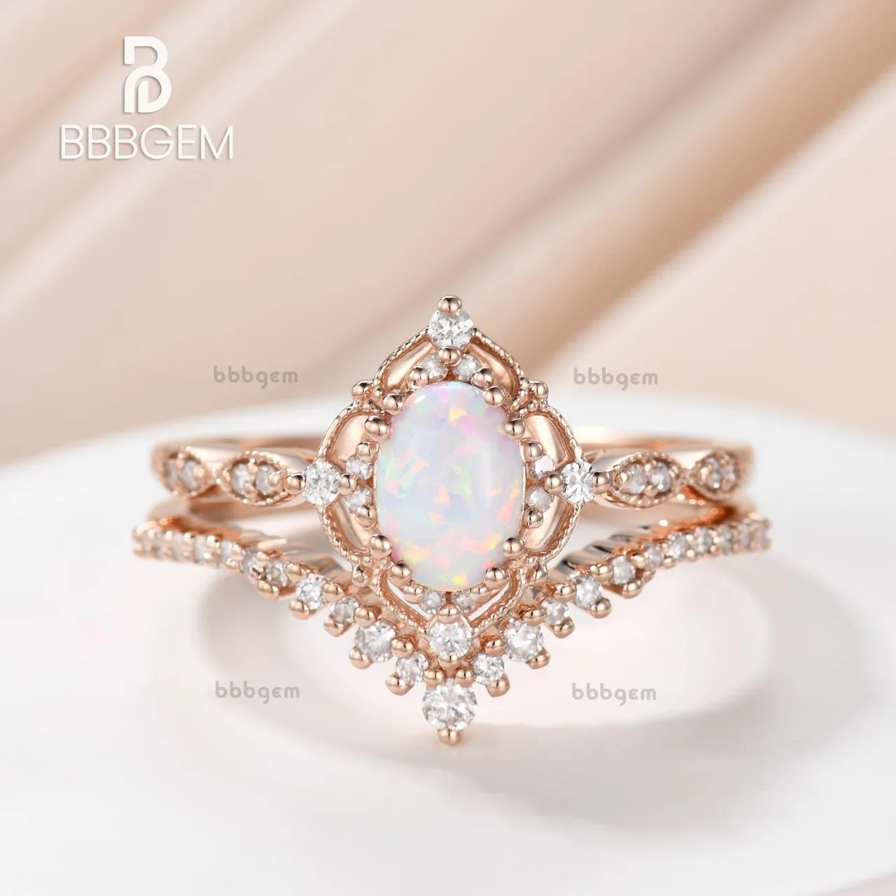 Vintage Opal Bridal Ring Set Art Deco Oval Opal Engagement Ring Set Rose Gold Diamond Wedding Ring Set Anniversary Ring Gift