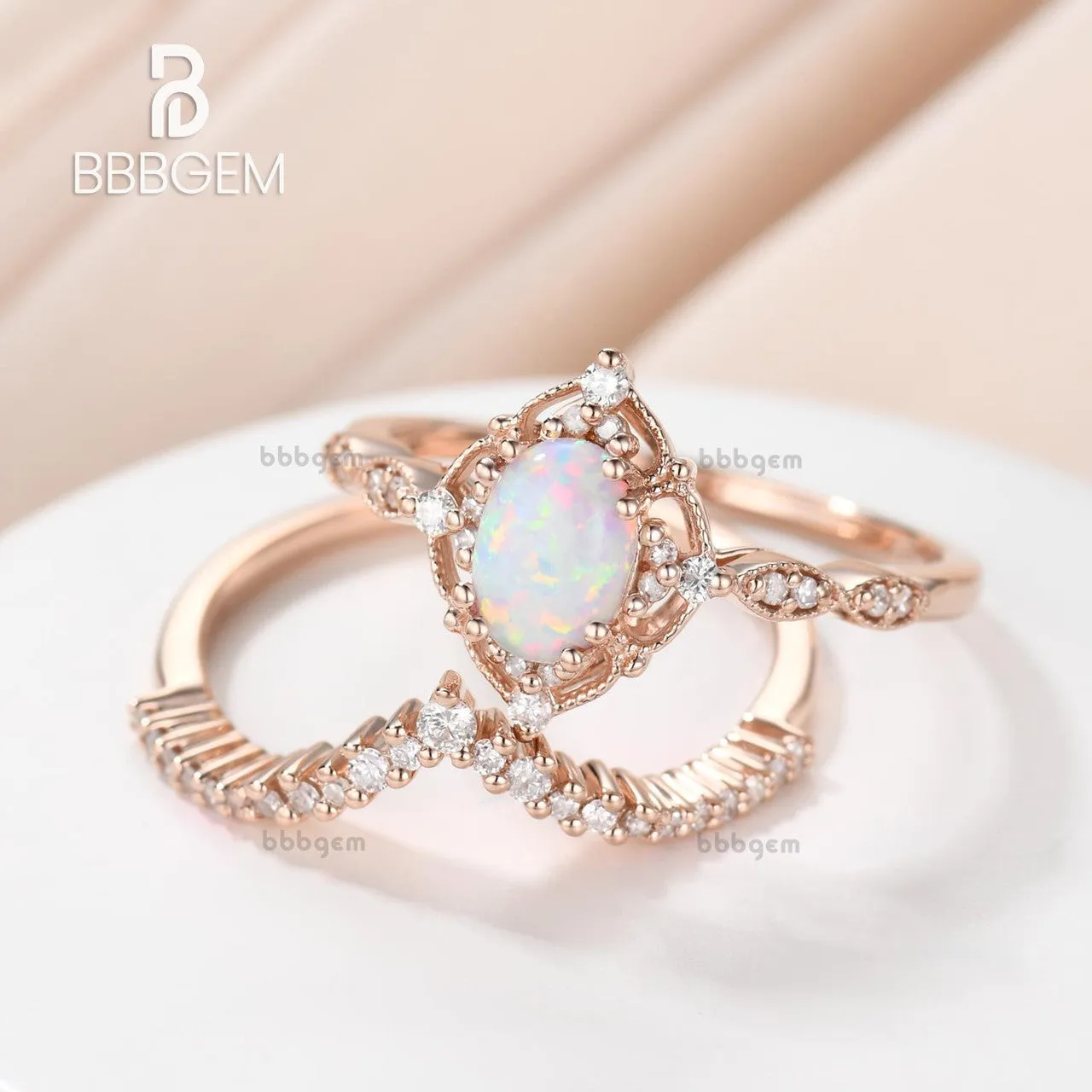 Vintage Opal Bridal Ring Set Art Deco Oval Opal Engagement Ring Set Rose Gold Diamond Wedding Ring Set Anniversary Ring Gift