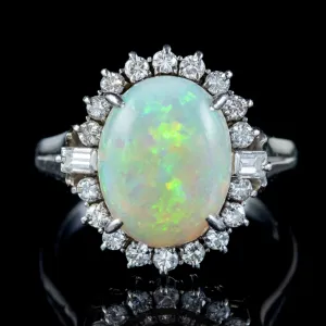 Vintage Opal Diamond Ring Platinum 6Ct Natural Opal Circa 1960