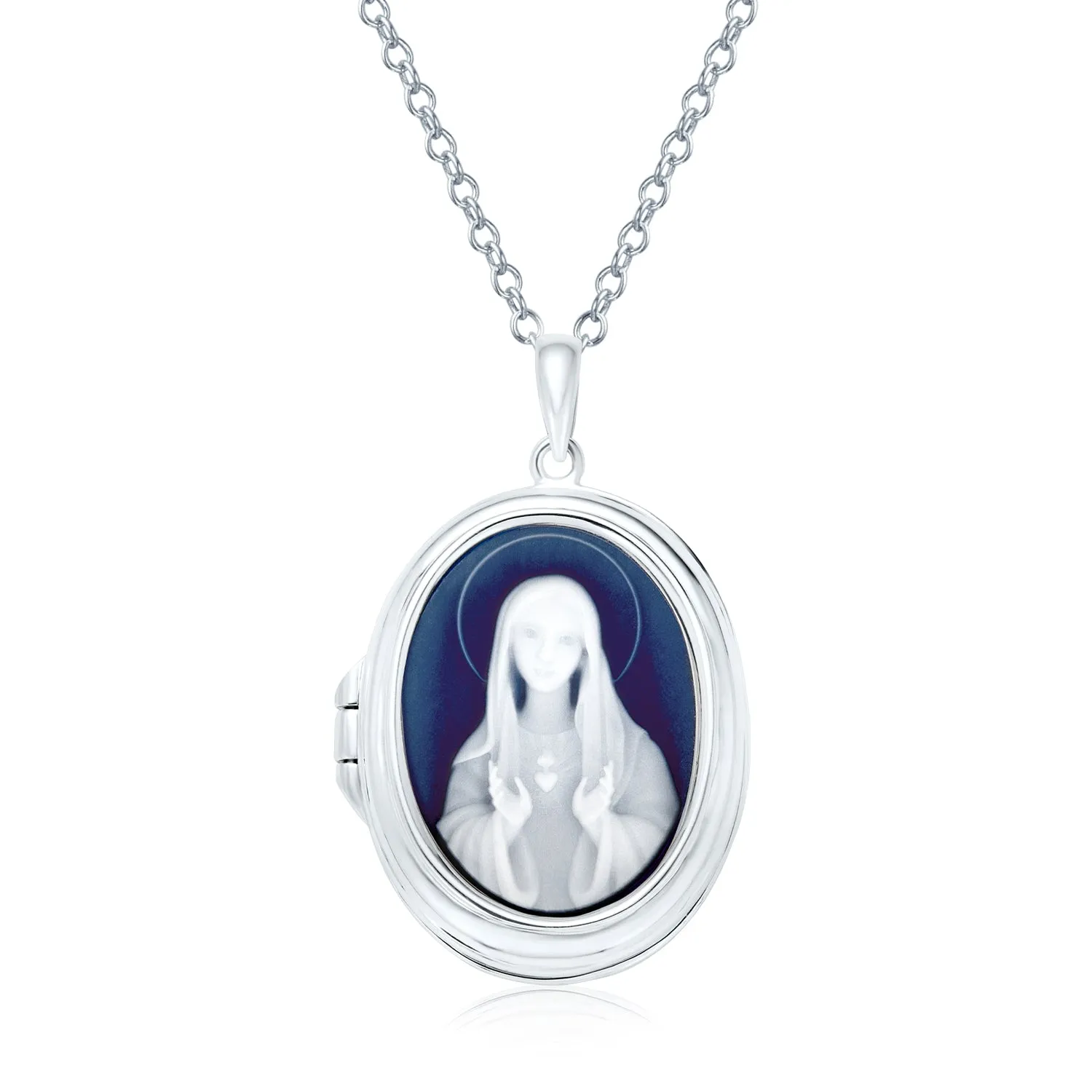 Vintage Style Blue Agate Our Lady of Guadalupe Locket Necklace in Sterling Silver