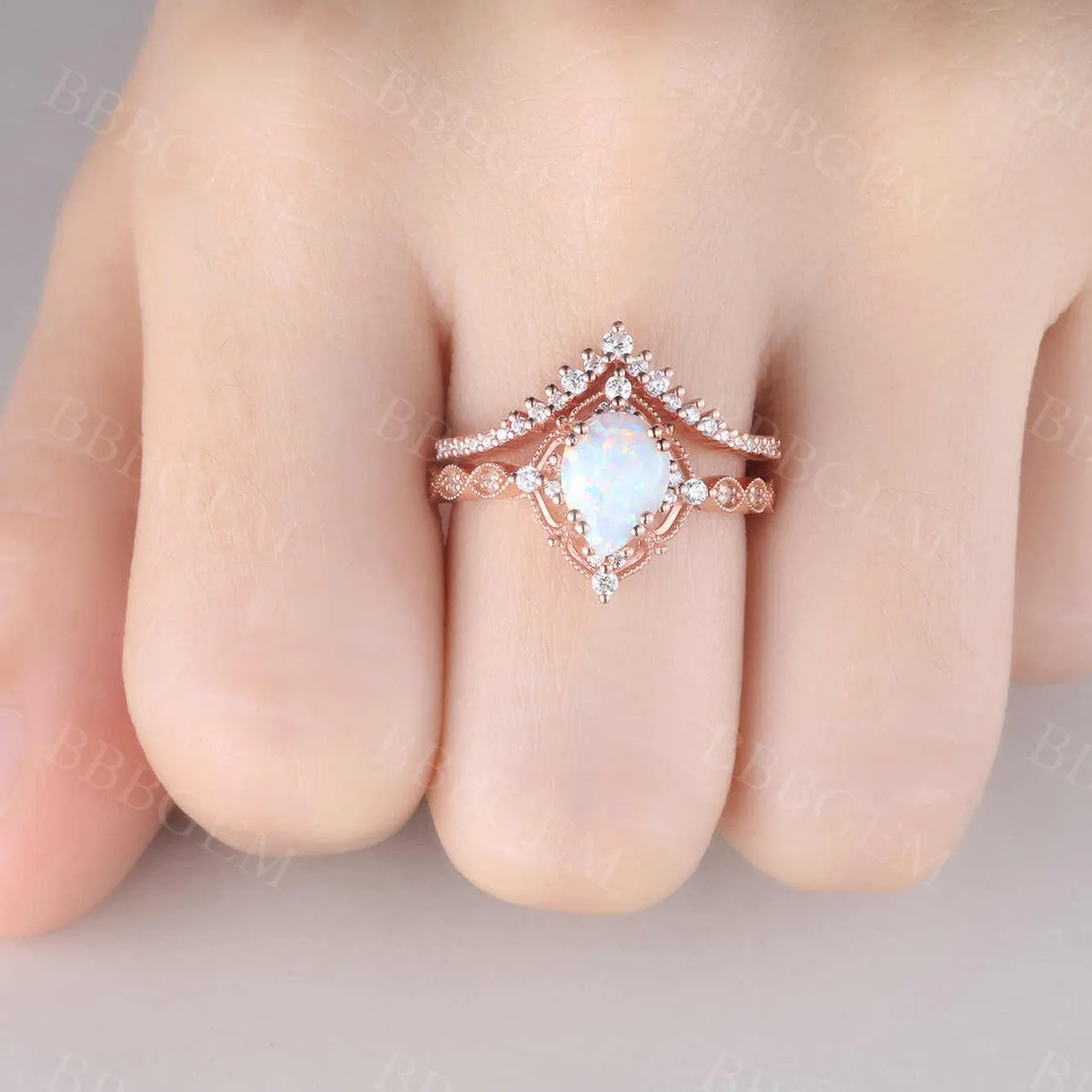 Vintage White Opal Engagement Ring Set Rose Gold Rings for Women Bridal Anniversary Ring Set