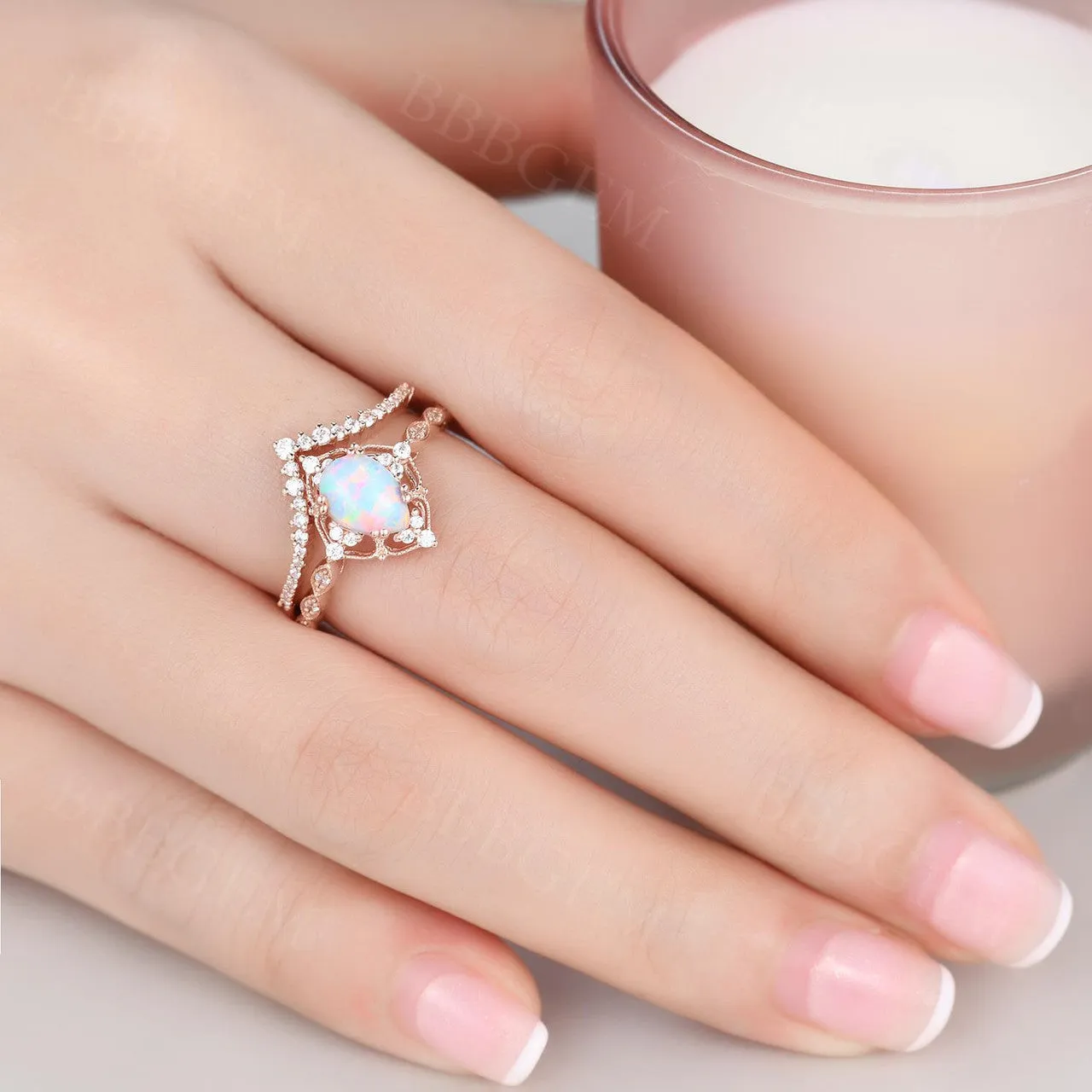 Vintage White Opal Engagement Ring Set Rose Gold Rings for Women Bridal Anniversary Ring Set