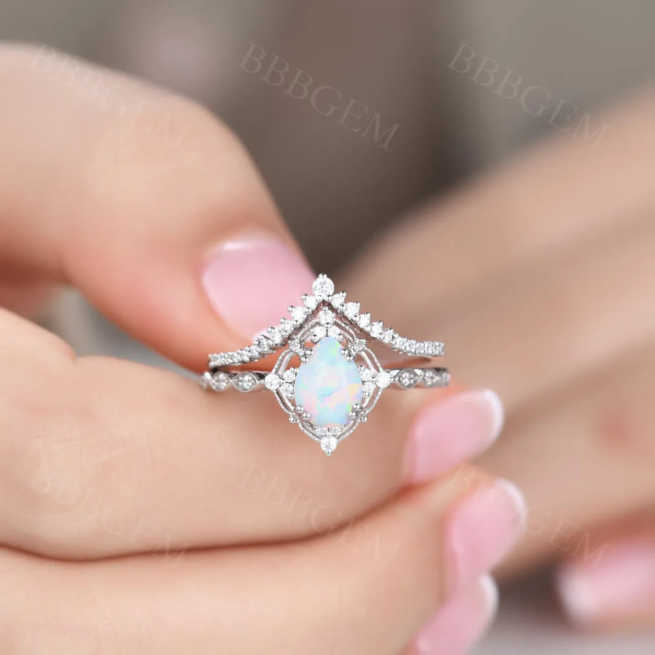 Vintage White Opal Engagement Ring Set Rose Gold Rings for Women Bridal Anniversary Ring Set