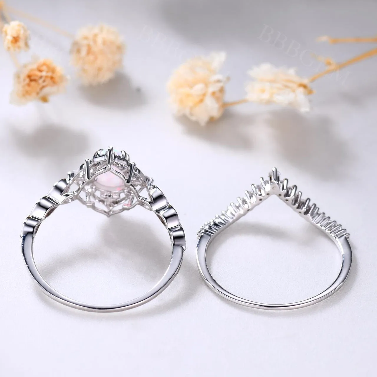 Vintage White Opal Engagement Ring Set Rose Gold Rings for Women Bridal Anniversary Ring Set