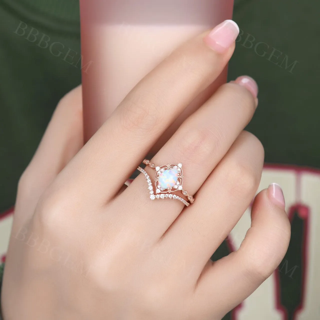 Vintage White Opal Engagement Ring Set Rose Gold Rings for Women Bridal Anniversary Ring Set