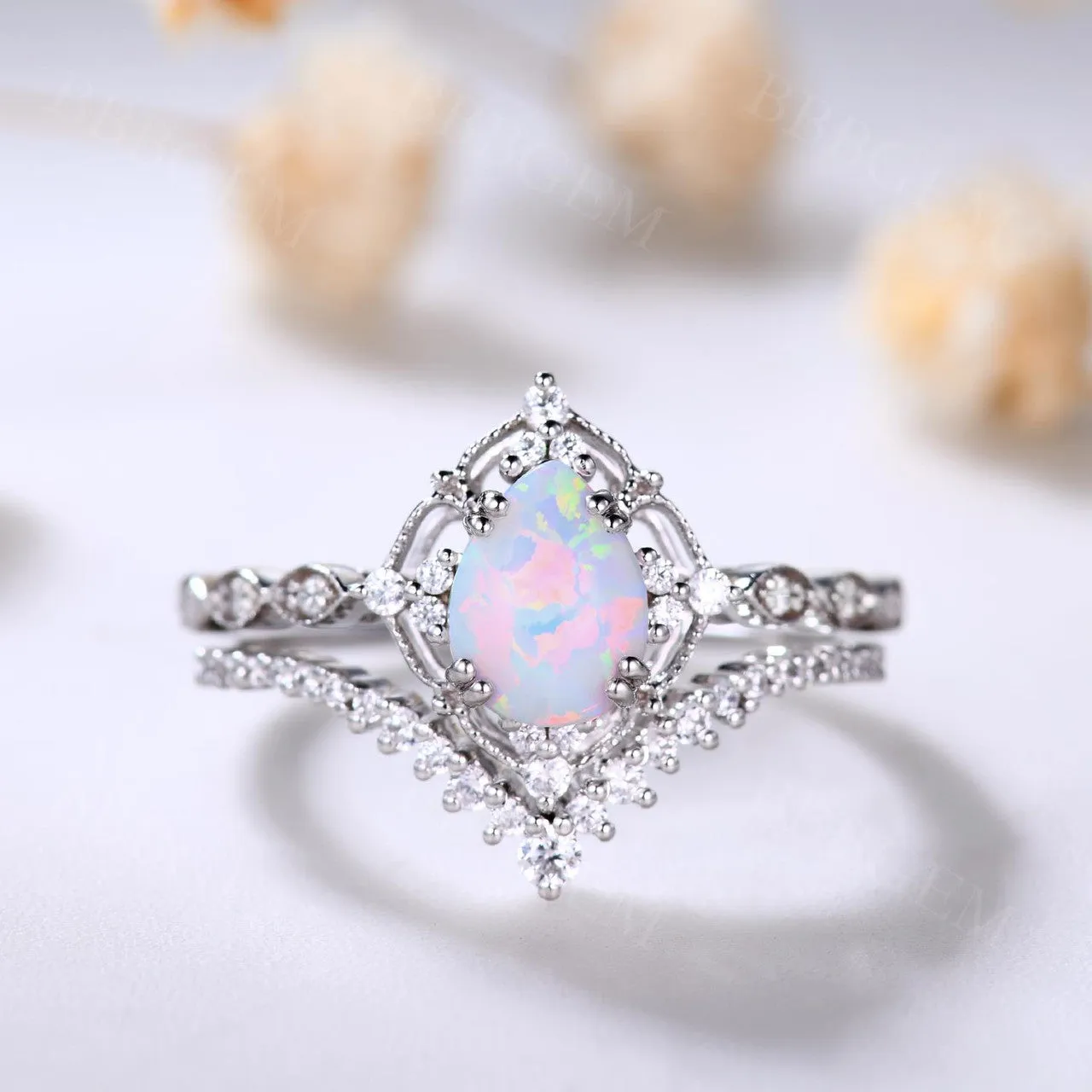 Vintage White Opal Engagement Ring Set Rose Gold Rings for Women Bridal Anniversary Ring Set