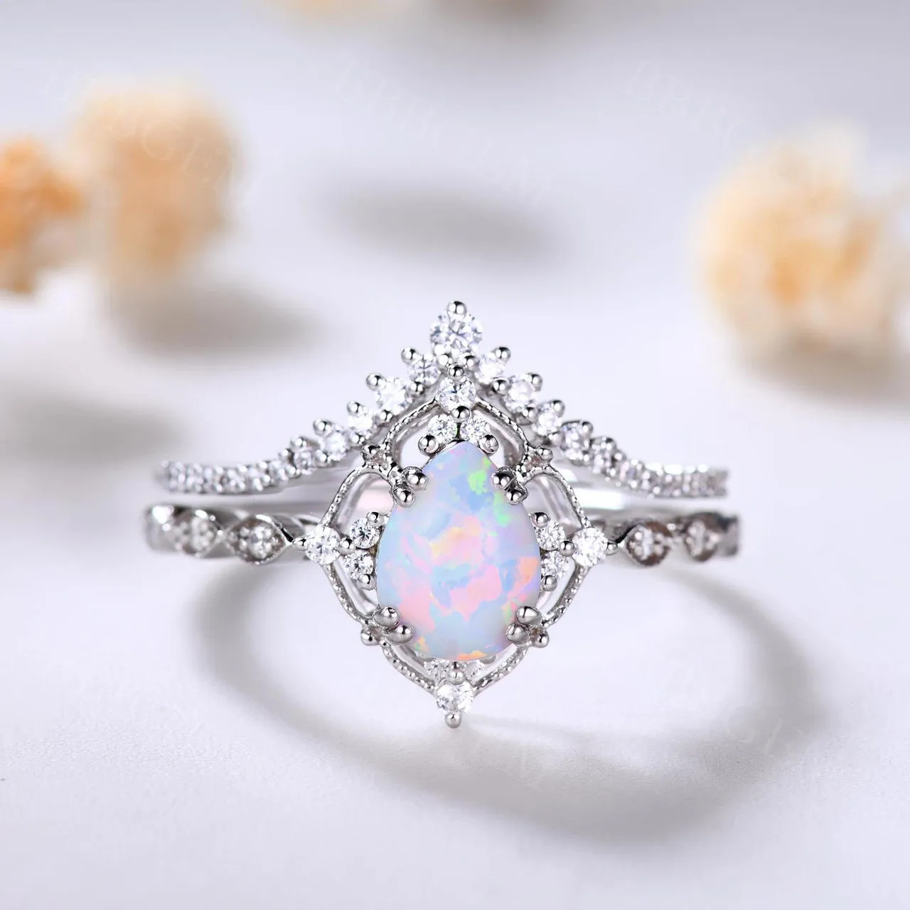 Vintage White Opal Engagement Ring Set Rose Gold Rings for Women Bridal Anniversary Ring Set