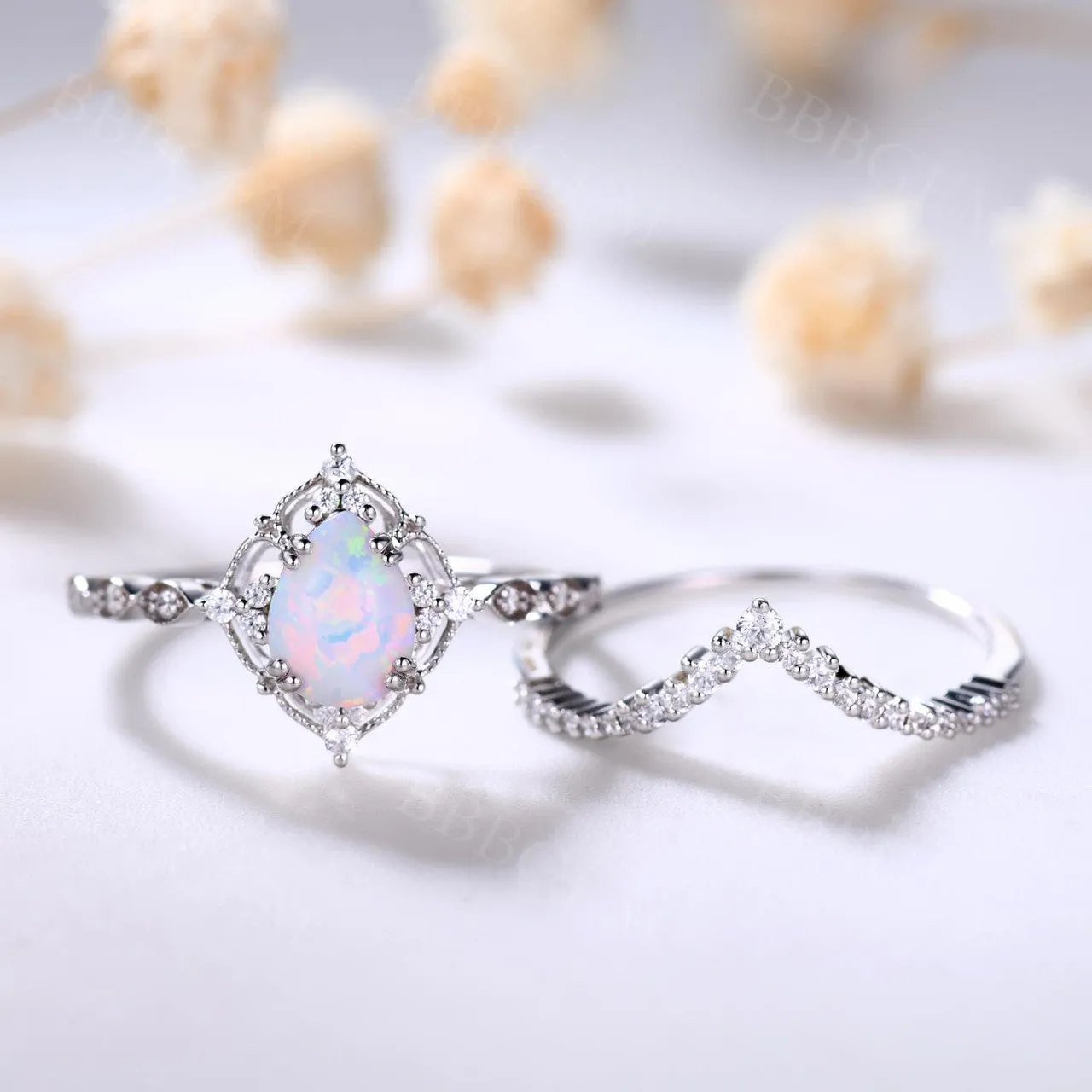 Vintage White Opal Engagement Ring Set Rose Gold Rings for Women Bridal Anniversary Ring Set