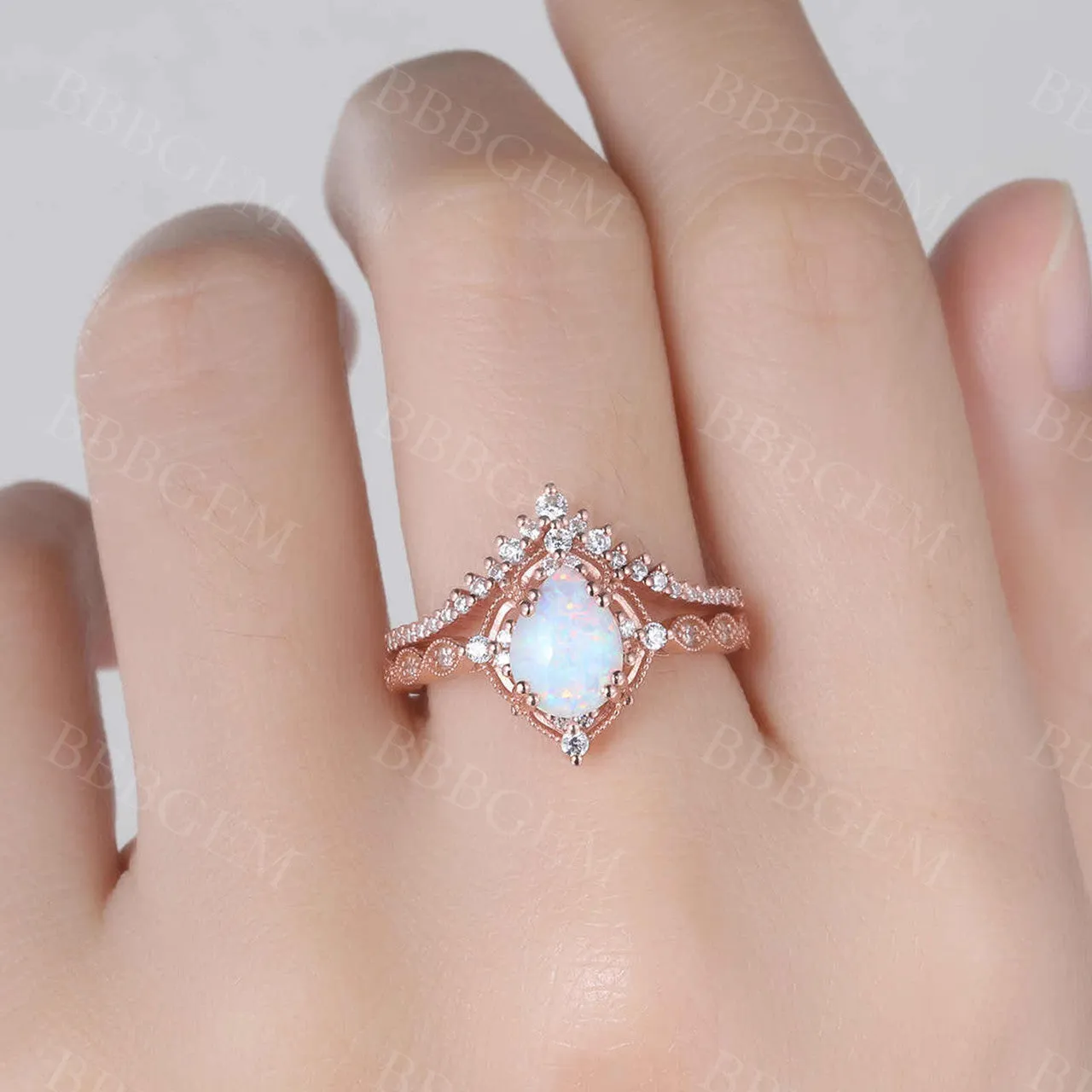 Vintage White Opal Engagement Ring Set Rose Gold Rings for Women Bridal Anniversary Ring Set