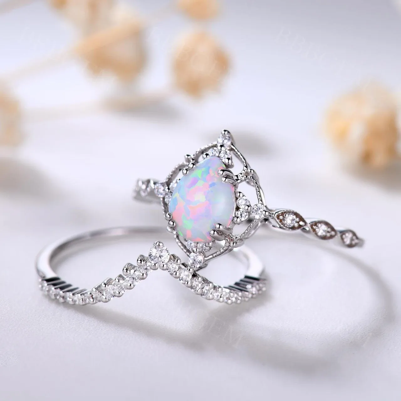 Vintage White Opal Engagement Ring Set Rose Gold Rings for Women Bridal Anniversary Ring Set