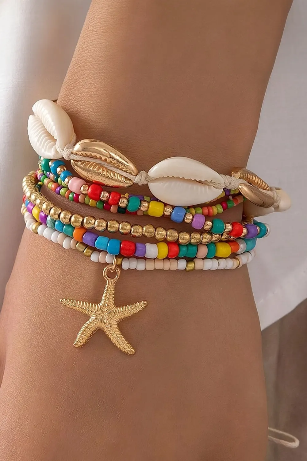 White 7pcs Starfish Seashell Beaded Bracelet Set