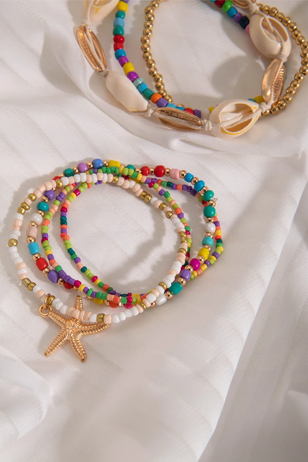 White 7pcs Starfish Seashell Beaded Bracelet Set