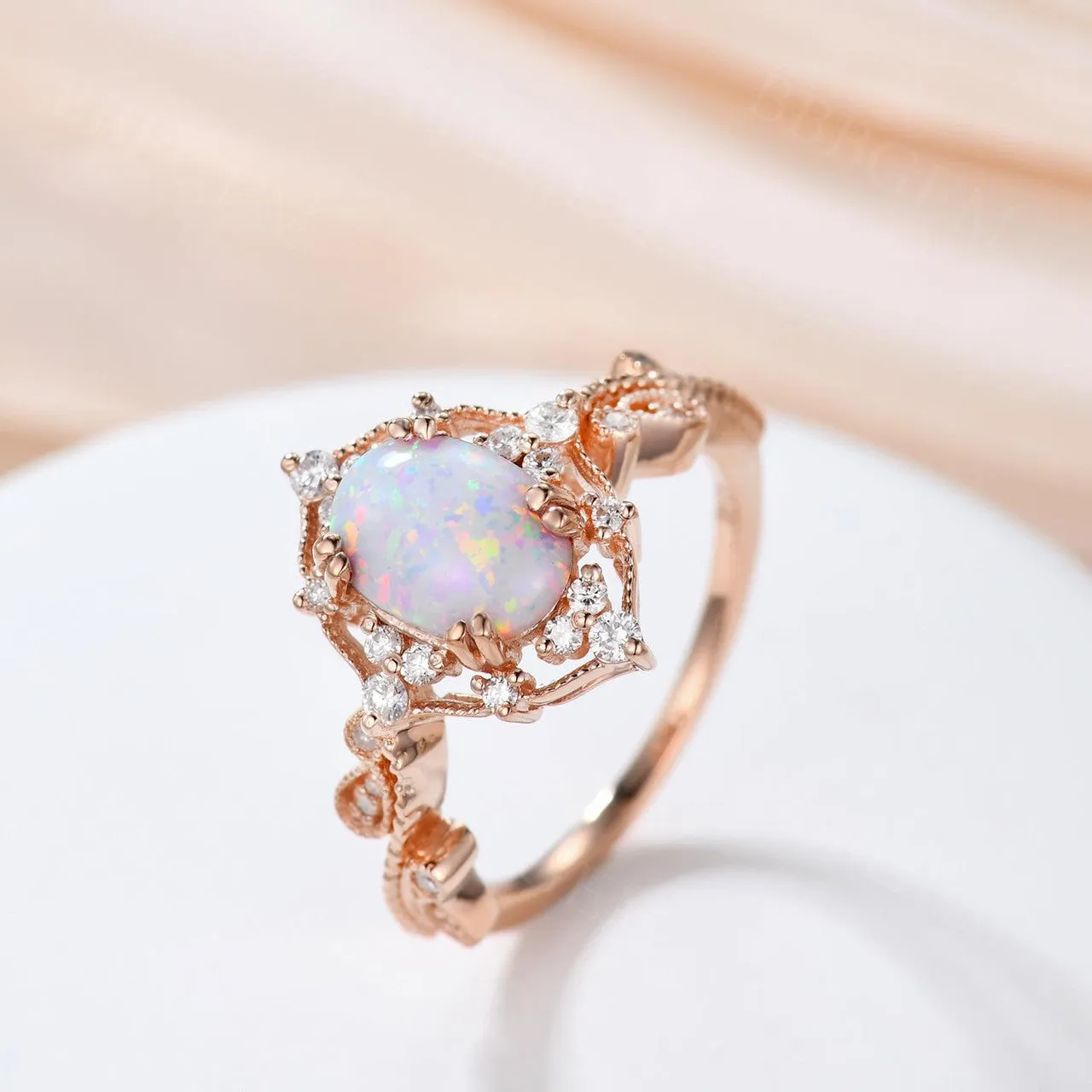 White Opal Ring 14k Yellow Gold Opal Engagement Ring Diamond Wedding Band Filigree Milgrain Bridal Jewelry