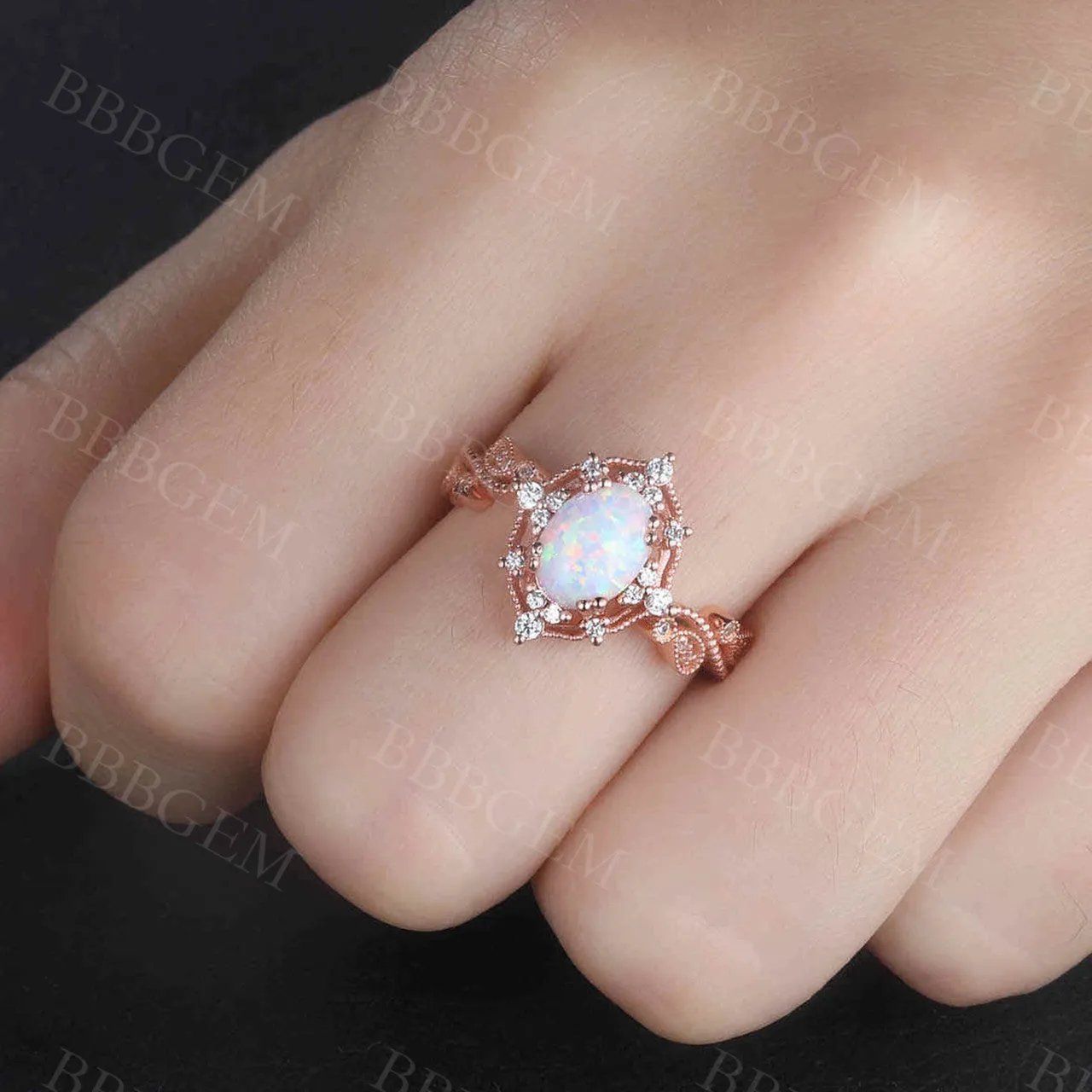 White Opal Ring 14k Yellow Gold Opal Engagement Ring Diamond Wedding Band Filigree Milgrain Bridal Jewelry