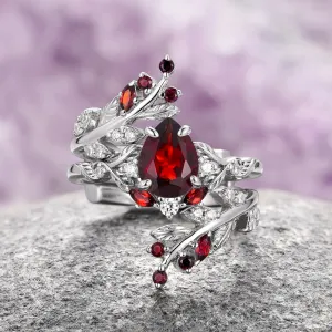 Wisteria Natural Garnet Fairy Leaf Ring- Sterling Silver (Two Piece)