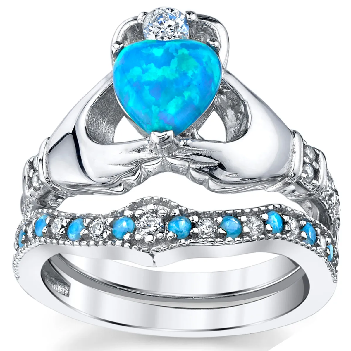 Women's Sterling Silver 925 Heart Shape Claddagh Engagement Ring Wedding Bridal Sets Blue Simulated Opal