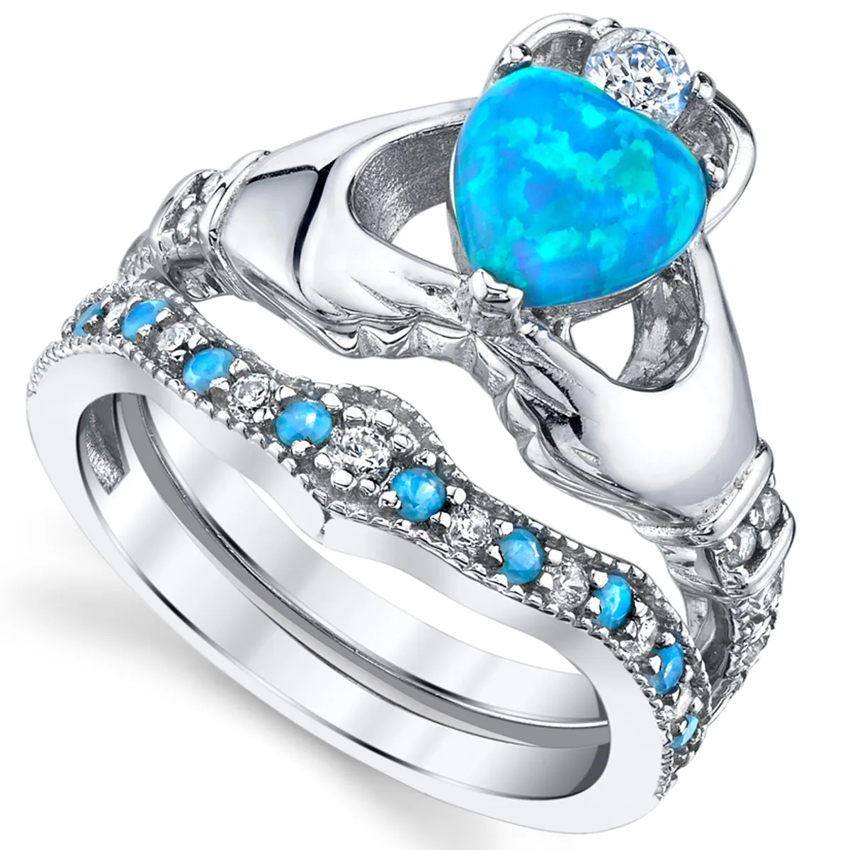 Women's Sterling Silver 925 Heart Shape Claddagh Engagement Ring Wedding Bridal Sets Blue Simulated Opal