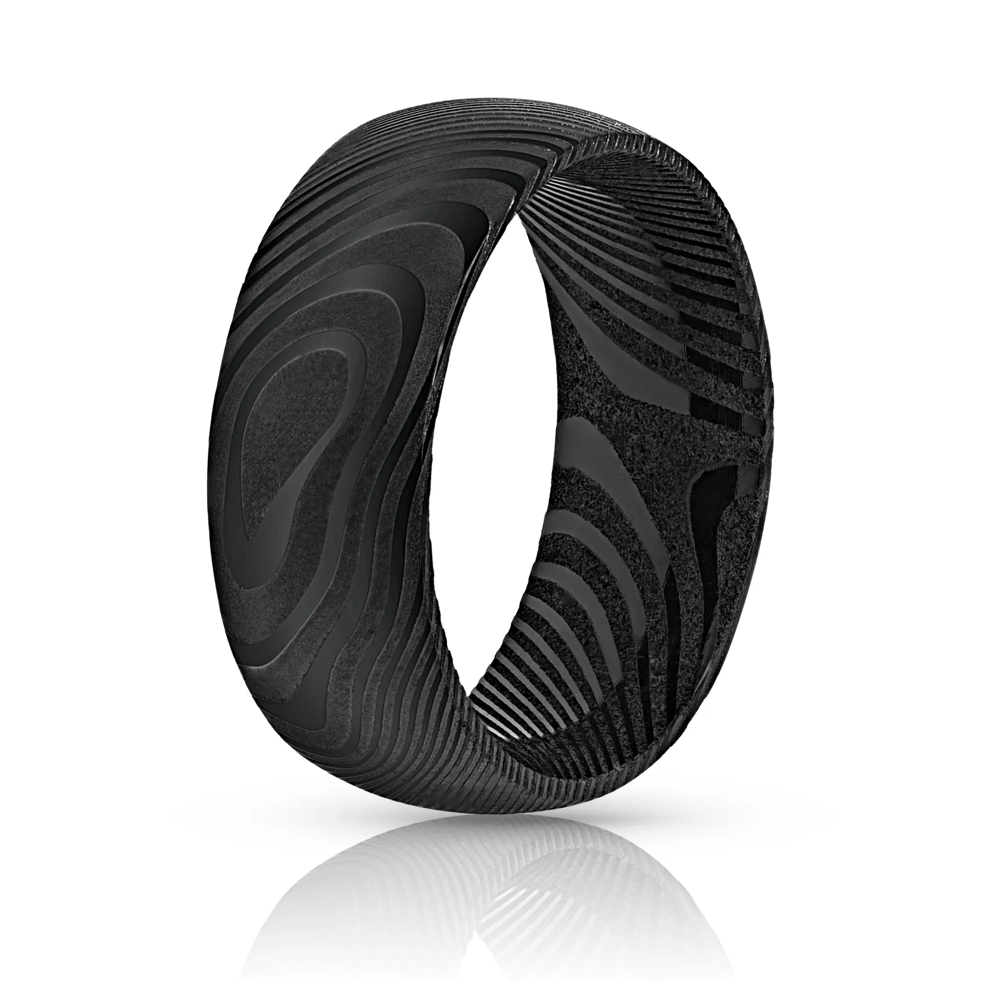 Wood Grain Damascus Steel Ring - Gun Metal Minimalist