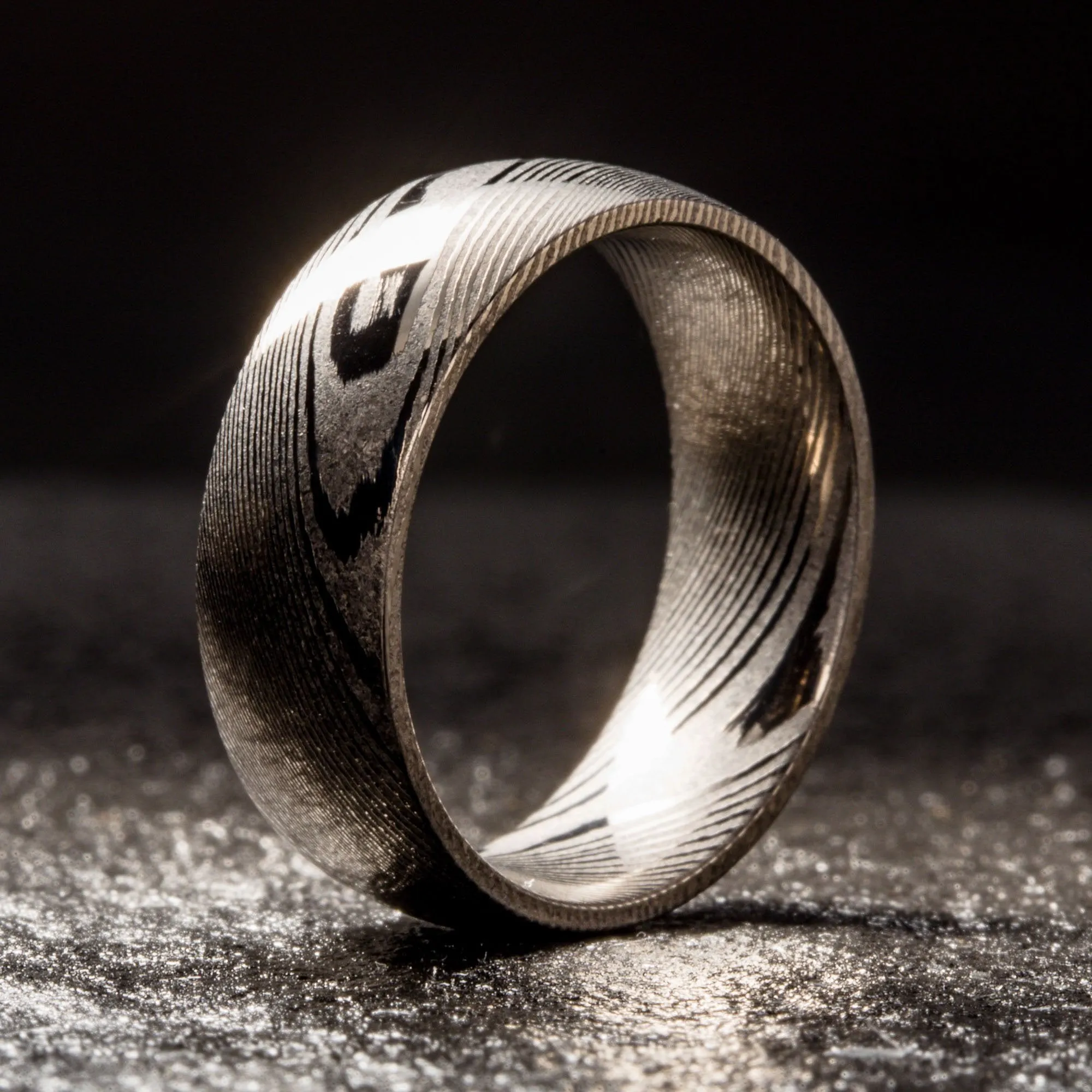 Wood Grain Damascus Steel Ring - Gun Metal Minimalist