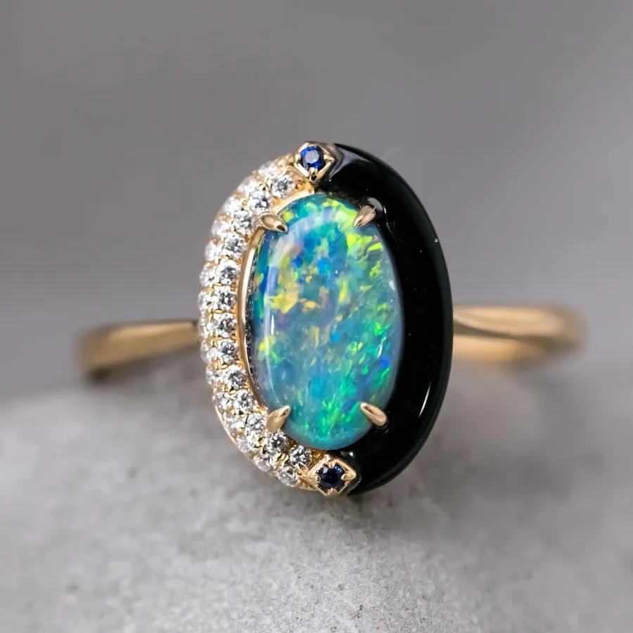 Yin-Yang Black Opal Diamond Sapphire Engagement Ring 18K Yellow Gold